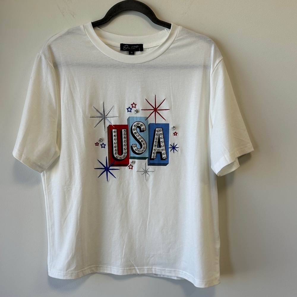 Anthropologie On Twelfth Sz XL White USA Bling Graphic Tee • NWT!